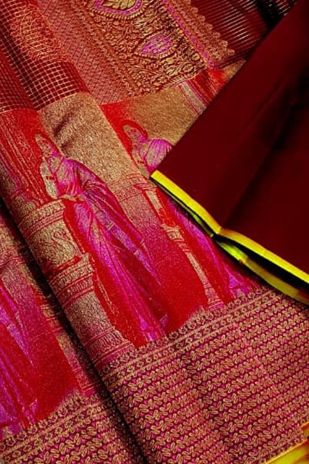 Maroon Pure Kanjivaram Tissue Silk Handloom Saree - Luxurion World