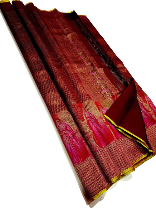 Maroon Pure Kanjivaram Tissue Silk Handloom Saree - Luxurion World
