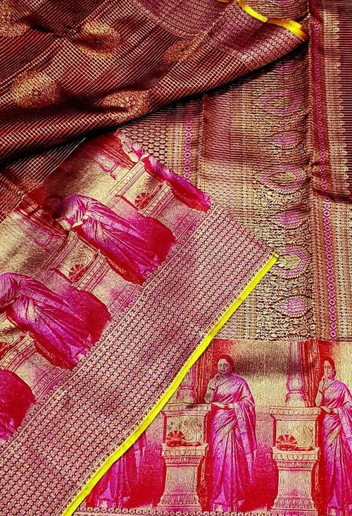 Maroon Pure Kanjivaram Tissue Silk Handloom Saree - Luxurion World