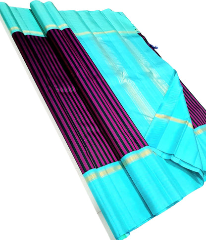 Pink And Black Pure Kanjivaram Silk Korvai Handloom Saree