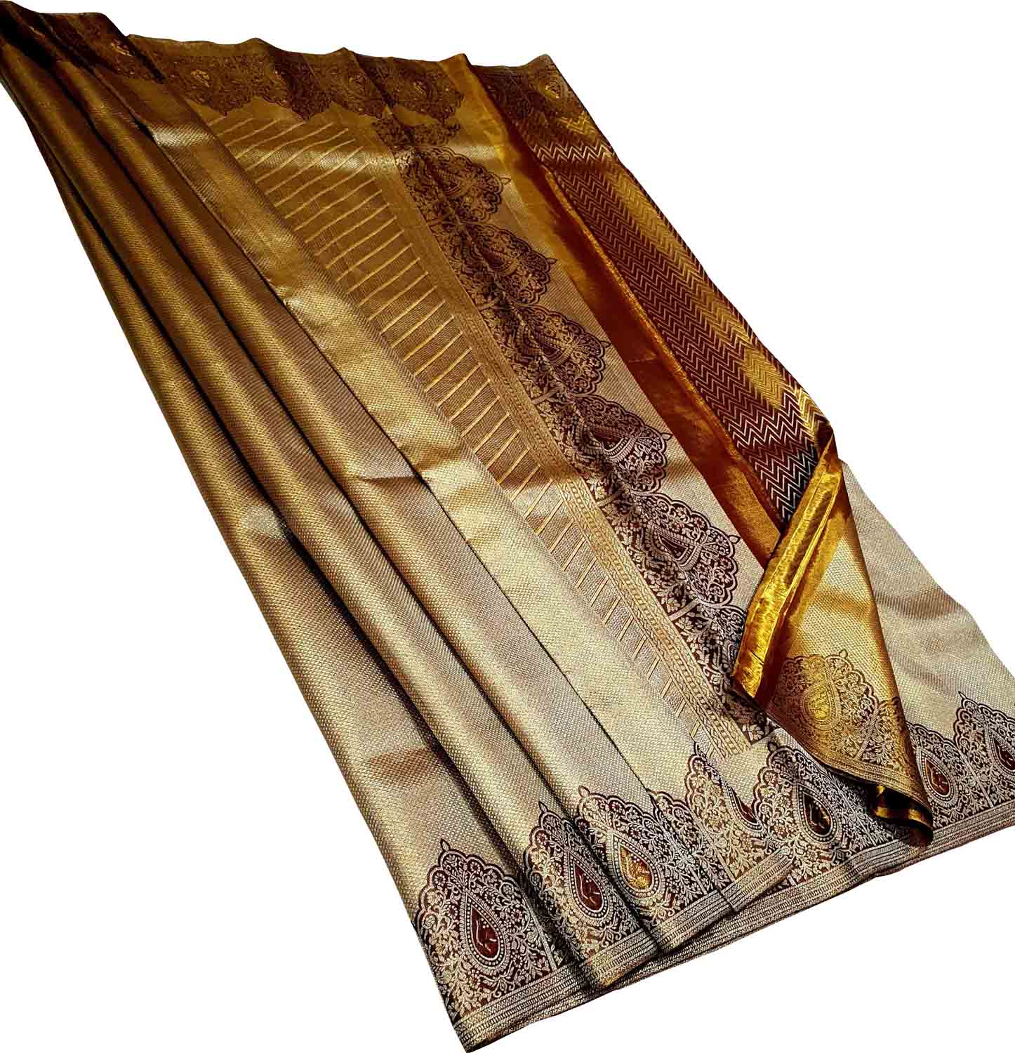 Exquisite Golden Handloom Kanjeevaram Pure Silk Saree - Luxurion World