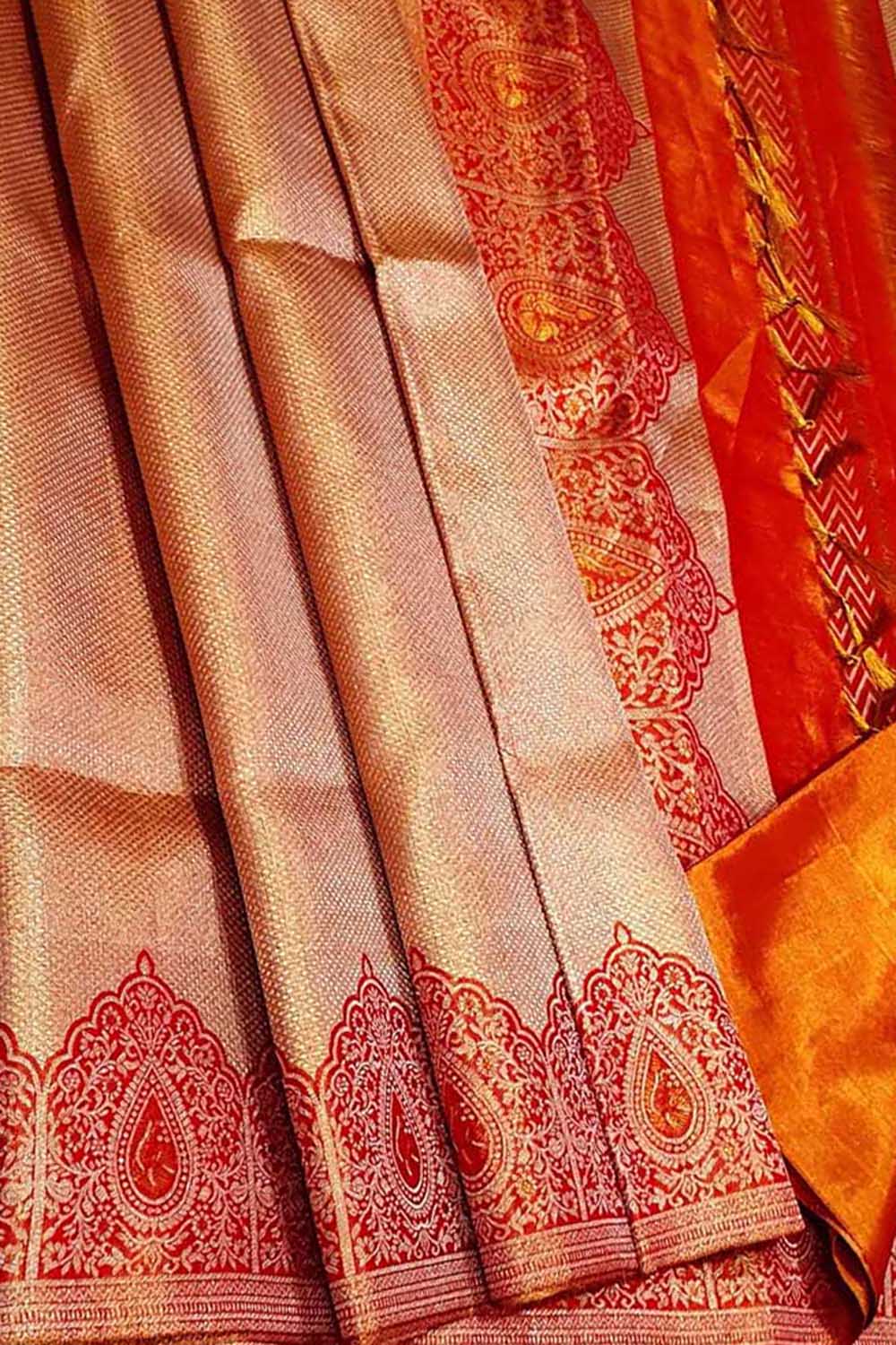 Golden & Red Handloom Kanjeevaram Pure Silk Saree - Luxurion World