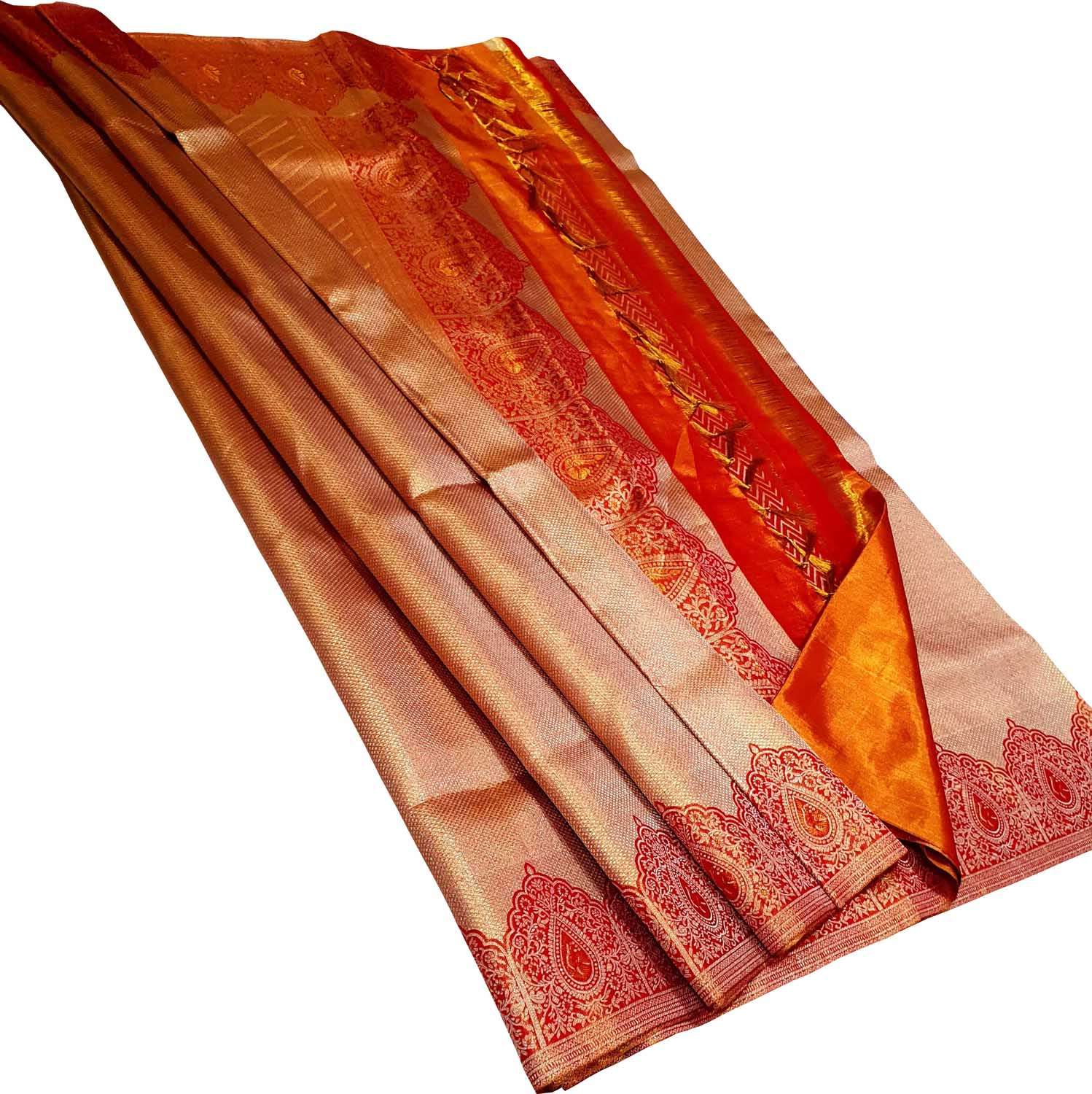 Golden & Red Handloom Kanjeevaram Pure Silk Saree - Luxurion World