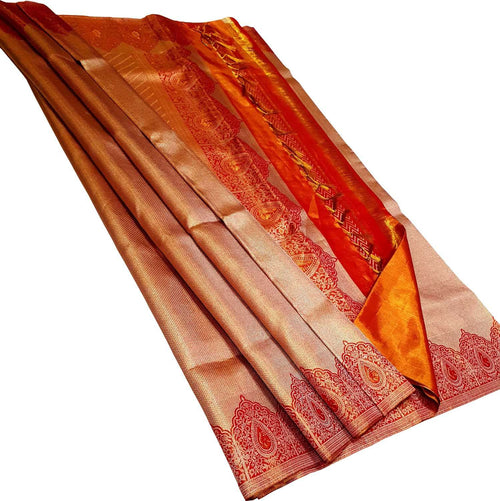 Golden & Red Handloom Kanjeevaram Pure Silk Saree - Luxurion World
