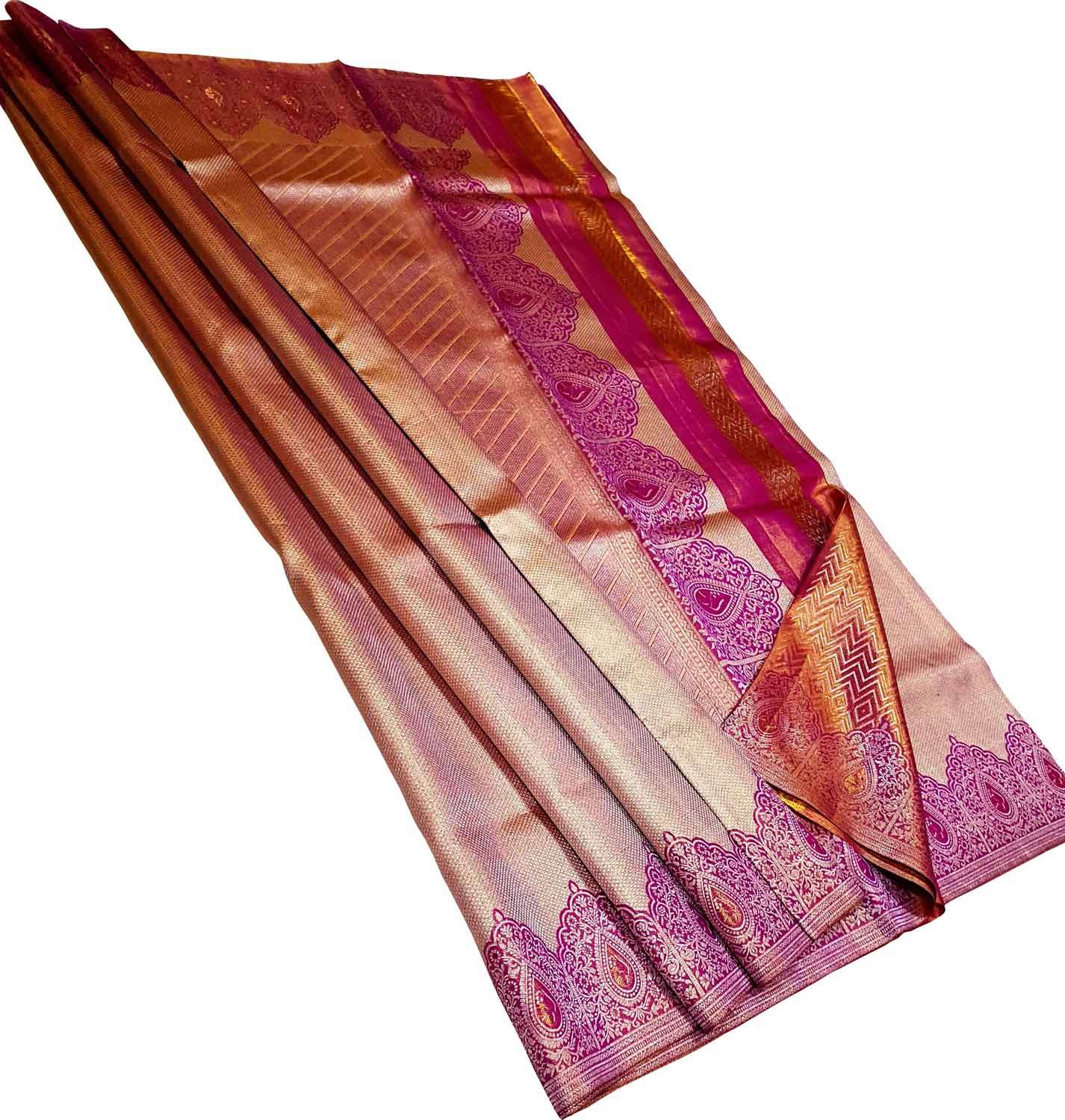 Golden & Pink Handloom Kanjeevaram Pure Silk Saree - Luxurion World