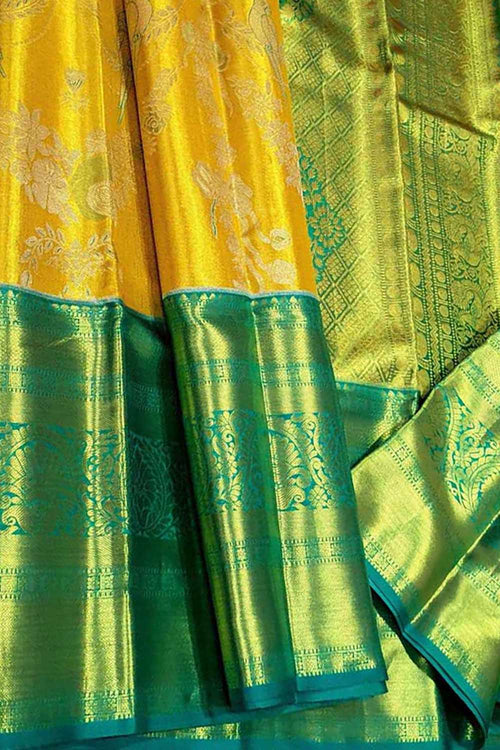 Yellow Handloom Kanjeevaram Pure Silk Saree - Elegant and Luxurious - Luxurion World