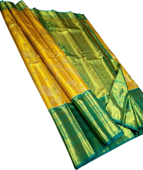 Yellow Handloom Kanjeevaram Pure Silk Saree - Elegant and Luxurious - Luxurion World