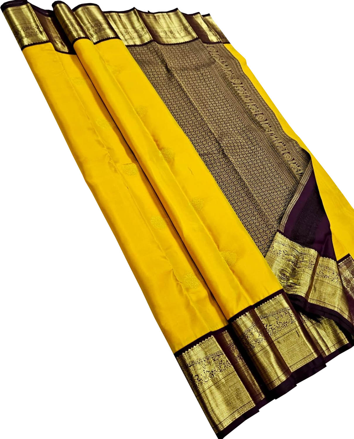 Yellow Handloom Kanjivaram Pure Silk Saree — Temple Motif Zari, Festive