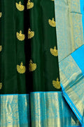 Green Handloom Kanjivaram Pure Silk Saree — Contrast Zari Border, Bridal