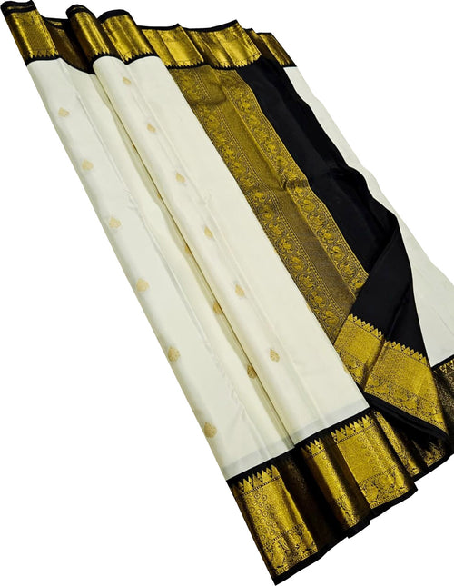 Off-White Handloom Kanjivaram Pure Silk Saree — Gold Zari Motifs, Puja & Wedding