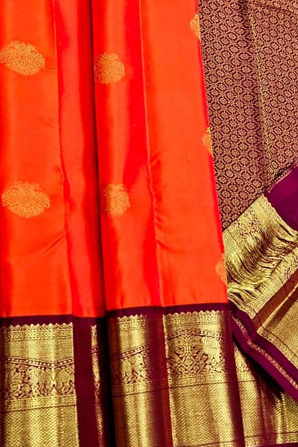 Orange Handloom Kanjivaram Pure Silk Saree — Zari Checks & Border, Festive