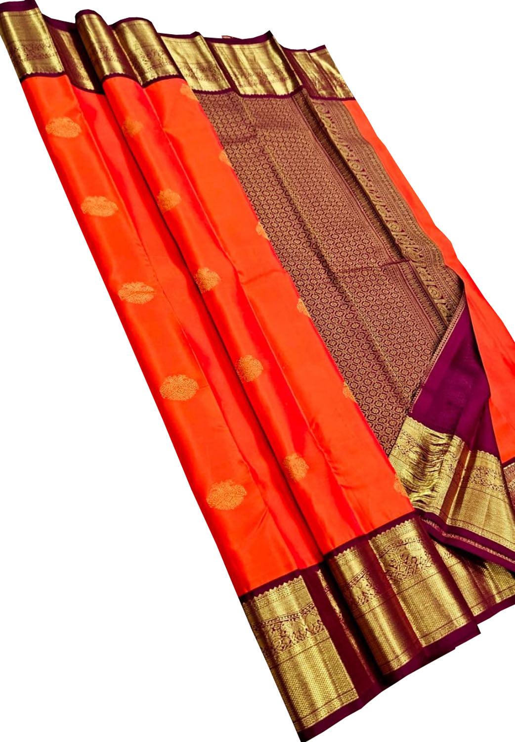 Orange Handloom Kanjivaram Pure Silk Saree — Zari Checks & Border, Festive