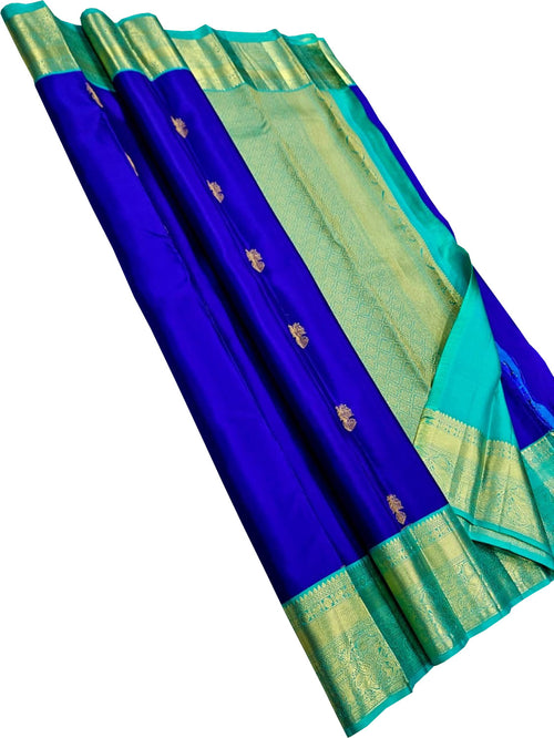 Blue Handloom Kanjivaram Pure Silk Saree — Peacock Zari Motif, Bridal