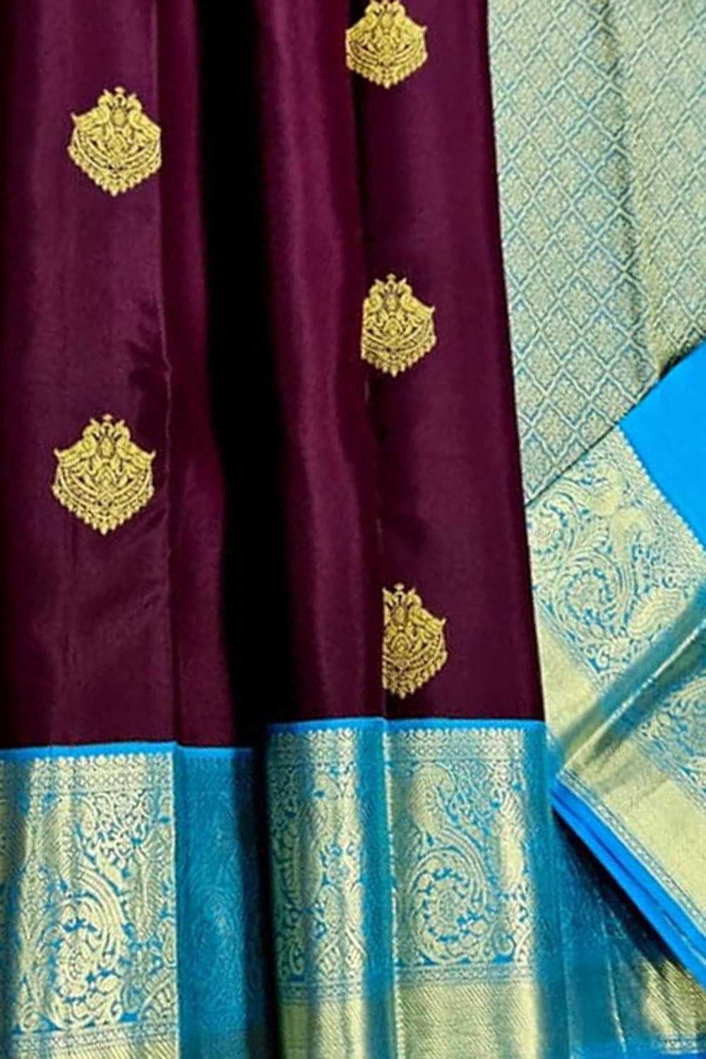 Purple Handloom Kanjivaram Pure Silk Saree — Zari Checks & Motifs, Festive