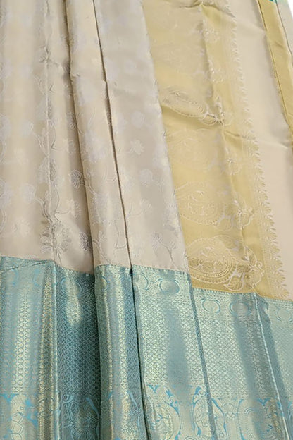 Off White Handloom Kanjeevaram Pure Silk Saree - Luxurion World
