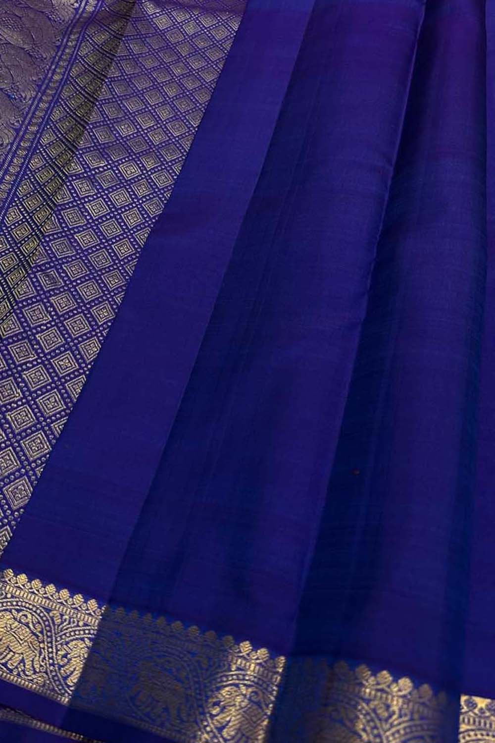 Blue Pure Silk Kanjeevaram Handloom Narrow Border Saree - Luxurion World
