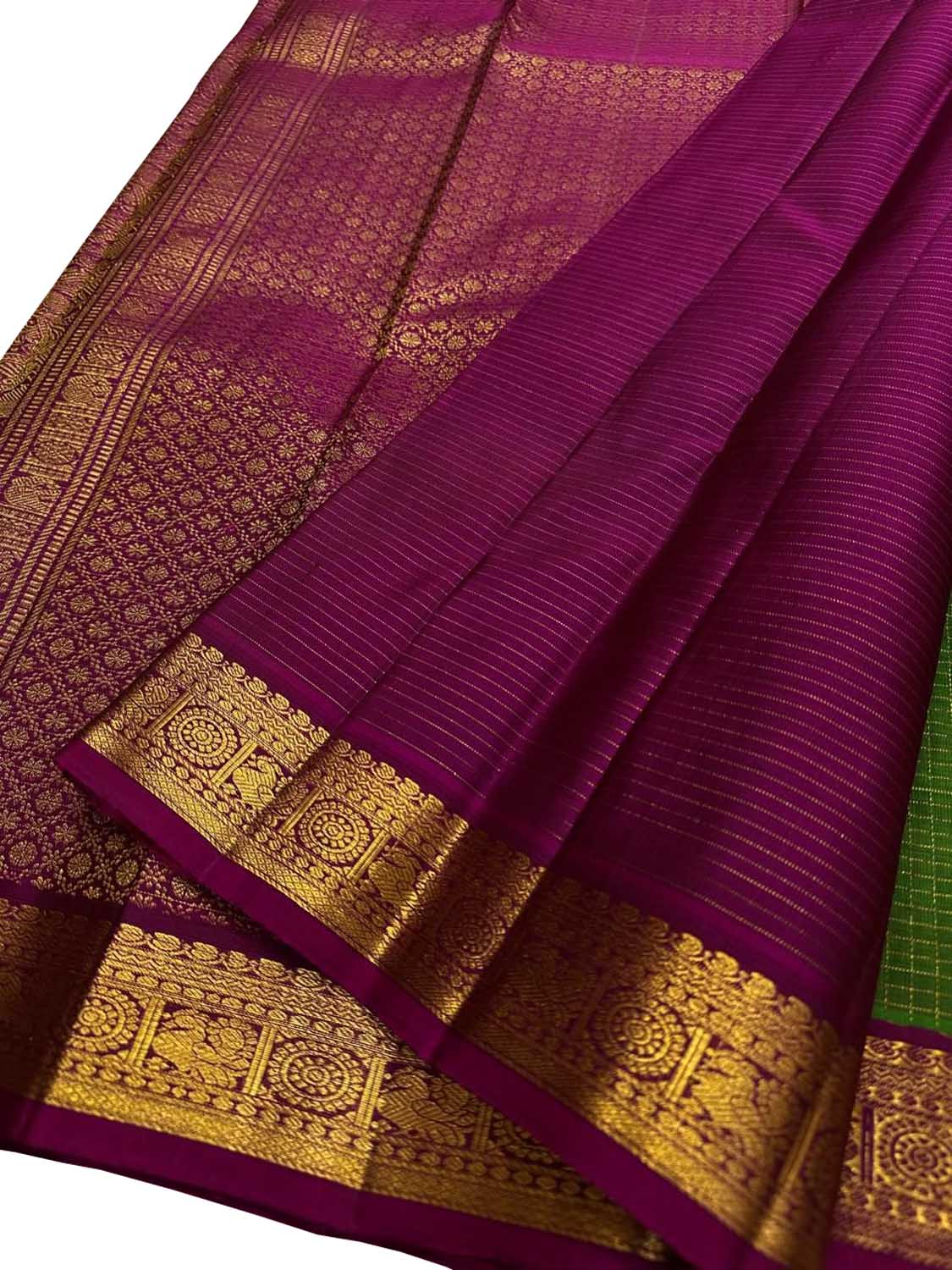 Green Pure Silk Kanjeevaram Handloom Narrow Border Saree - Luxurion World