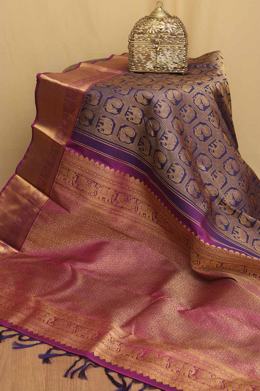 Blue Handloom Kanjeevaram Pure Silk Saree - Luxurion World