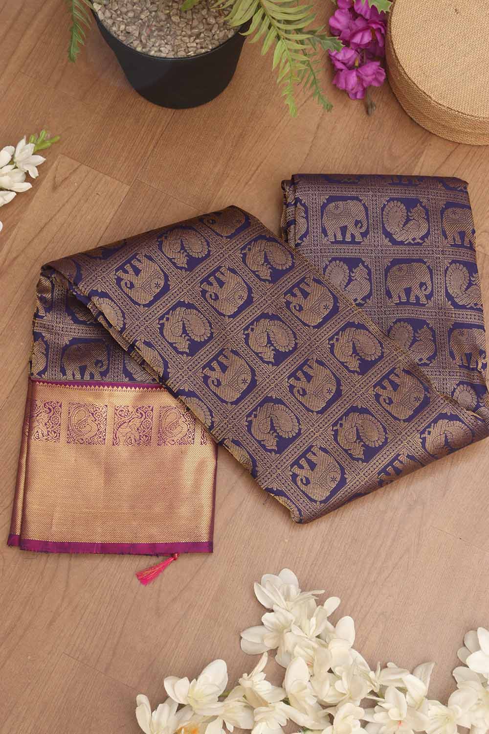 Blue Handloom Kanjeevaram Pure Silk Saree - Luxurion World