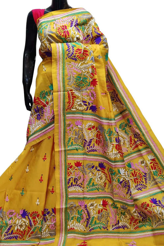 Pure Bangalore Silk Saree with Yellow Kantha Hand Embroidery - Luxurion World