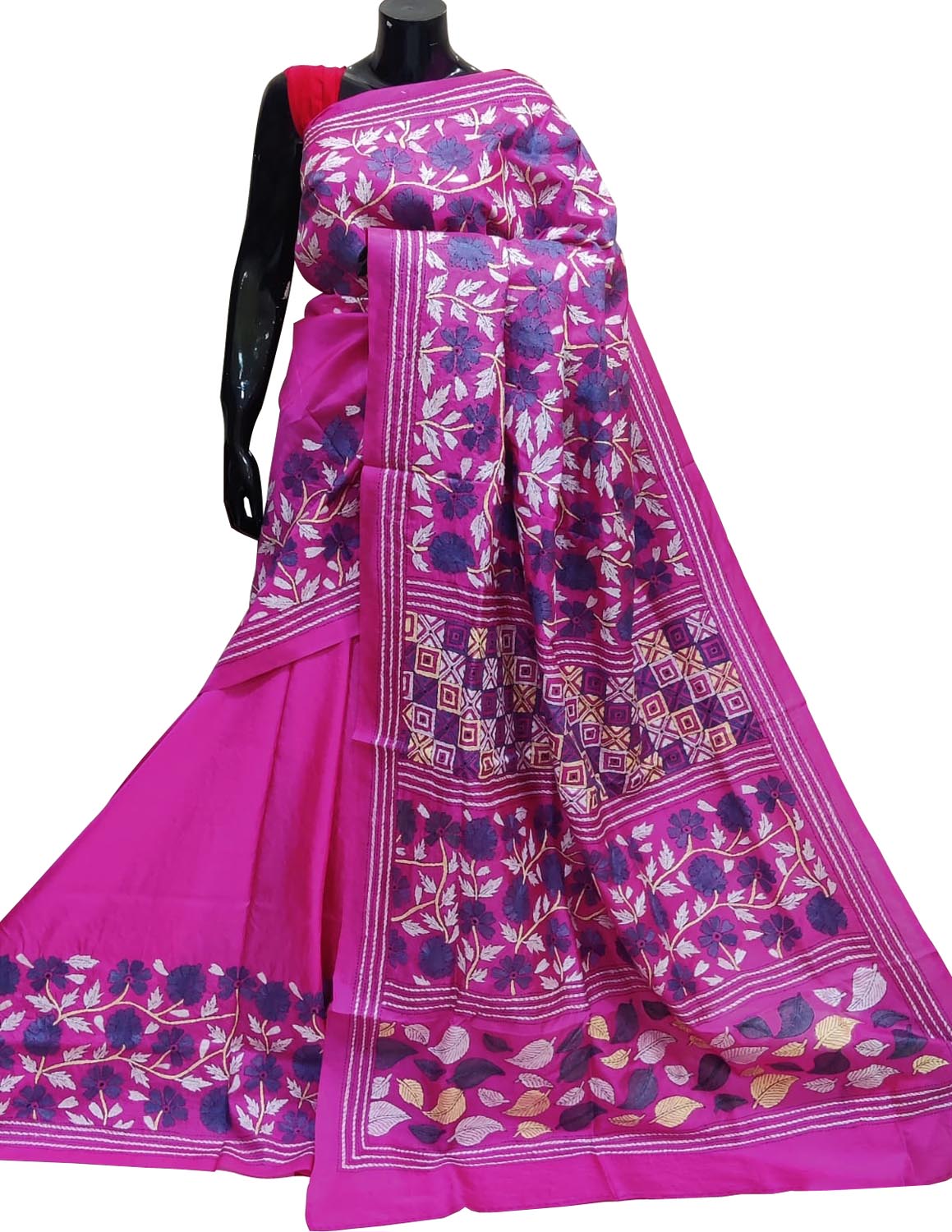Exquisite Pink Kantha Embroidered Bangalore Silk Saree - Luxurion World