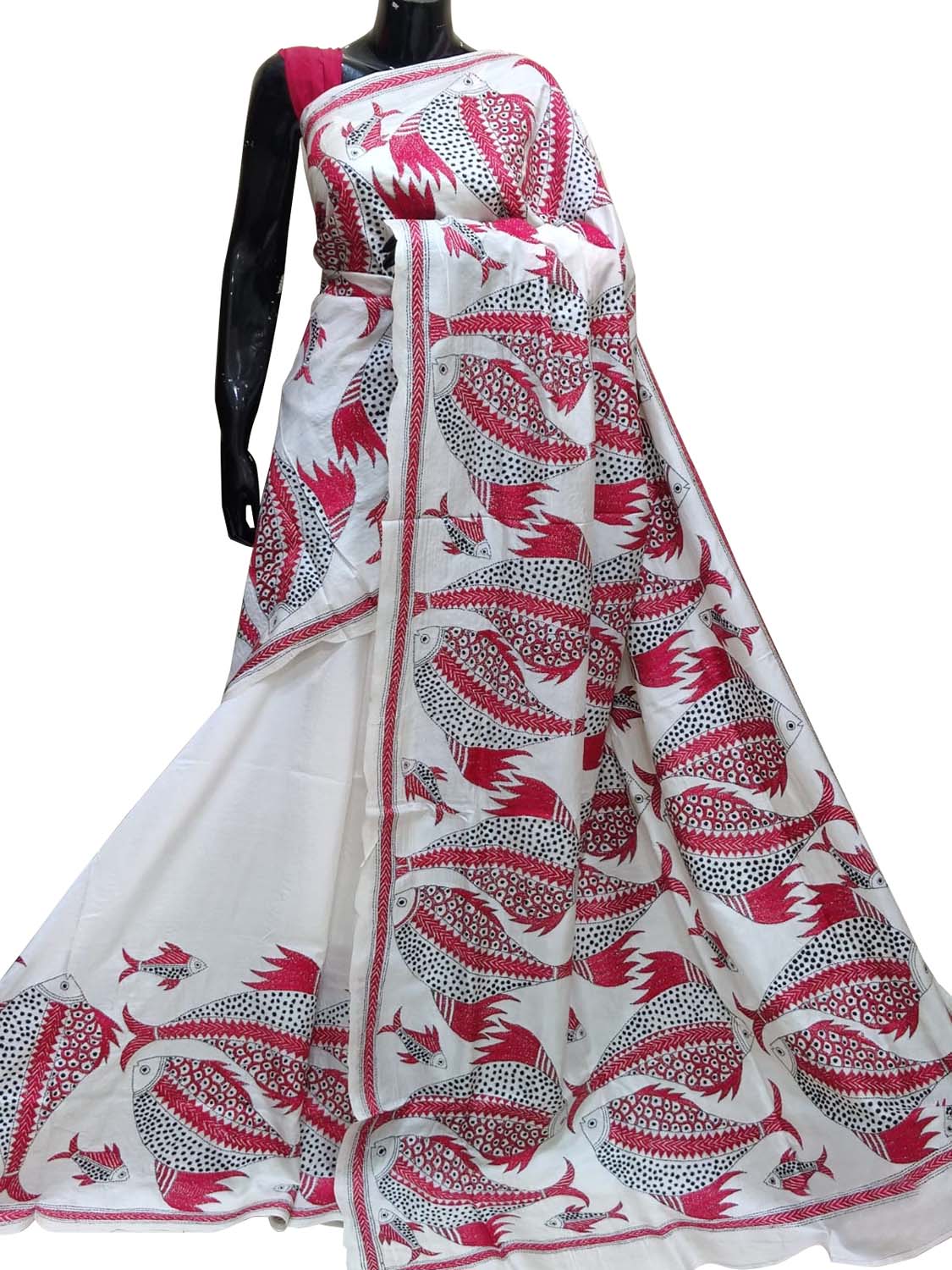 Exquisite White Kantha Embroidered Bangalore Silk Saree - Luxurion World