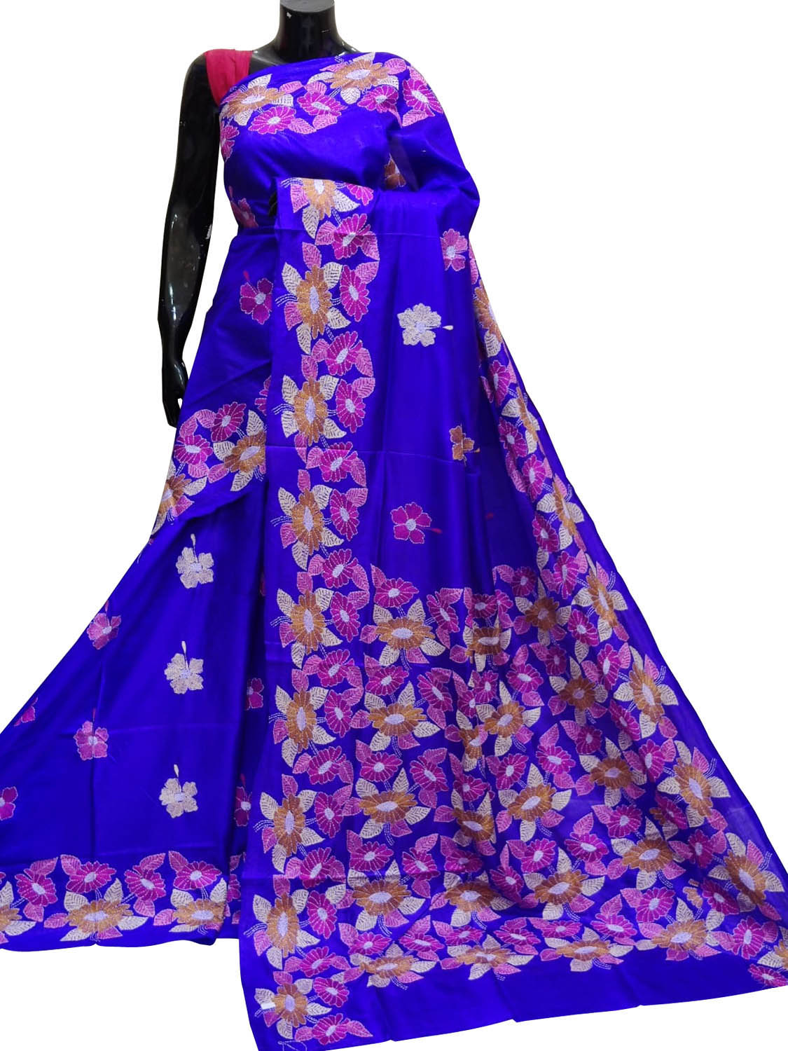 Exquisite Blue Kantha Embroidered Bangalore Silk Saree - Luxurion World