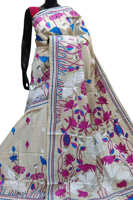 Pastel Kantha Hand Embroidered Pure Gachi Tussar Silk Saree - Luxurion World