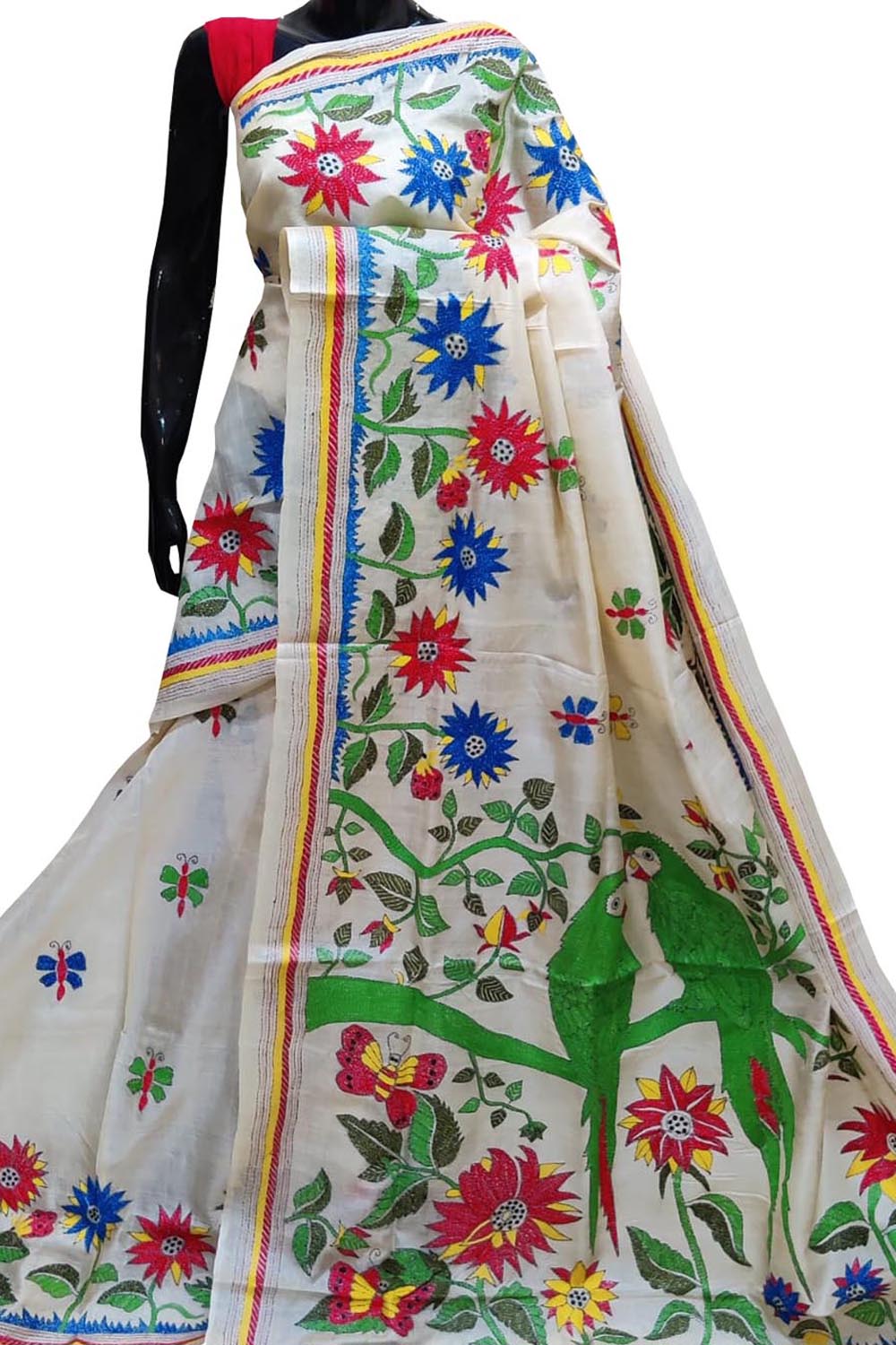 Pastel Kantha Hand Embroidered Pure Gachi Tussar Silk Saree - Luxurion World