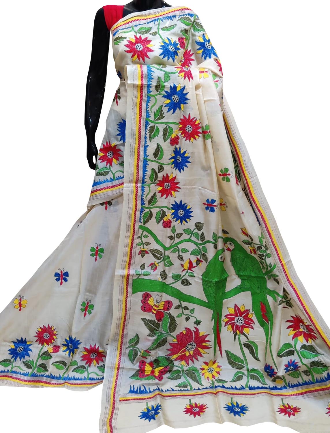Pastel Kantha Hand Embroidered Pure Gachi Tussar Silk Saree - Luxurion World