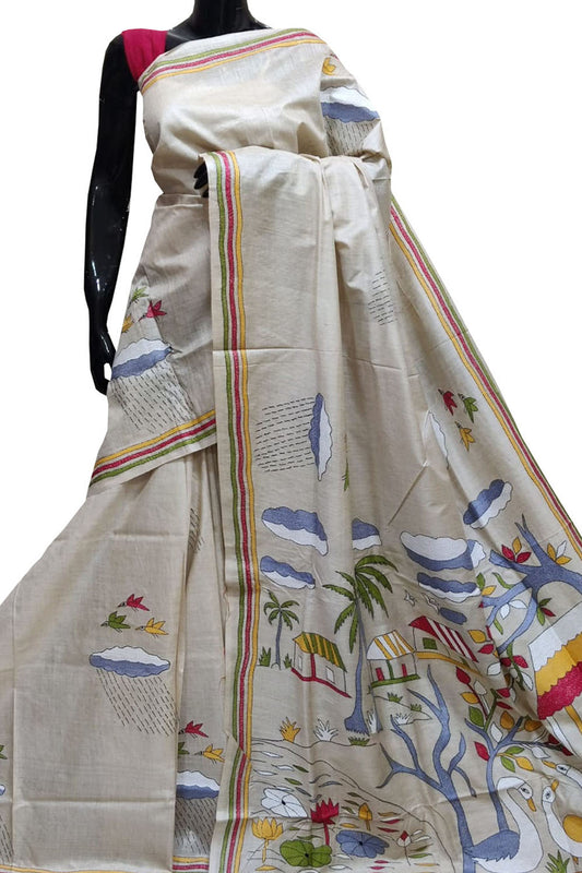 Pastel Kantha Hand Embroidered Pure Gachi Tussar Silk Saree - Luxurion World