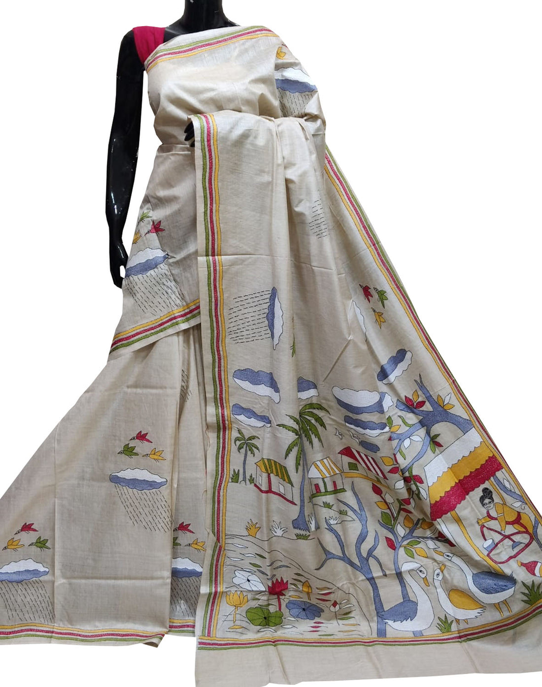 Yellow - Bengal Nakshi Kantha Hand Embroidered Silk Saree 02