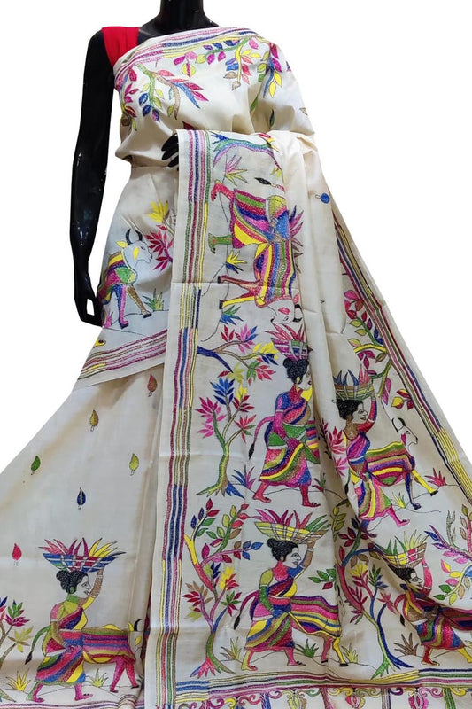 Pastel Kantha Hand Embroidered Pure Gachi Tussar Silk Saree - Luxurion World