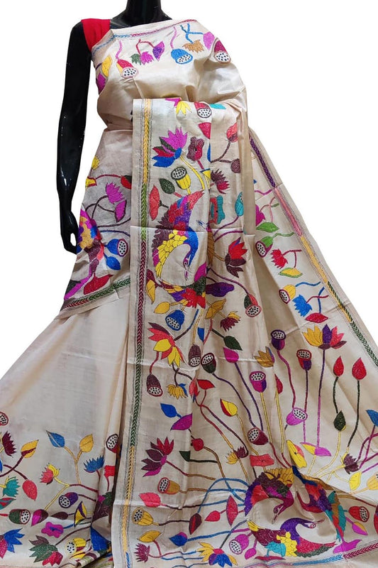 Pastel Kantha Hand Embroidered Pure Gachi Tussar Silk Saree - Luxurion World