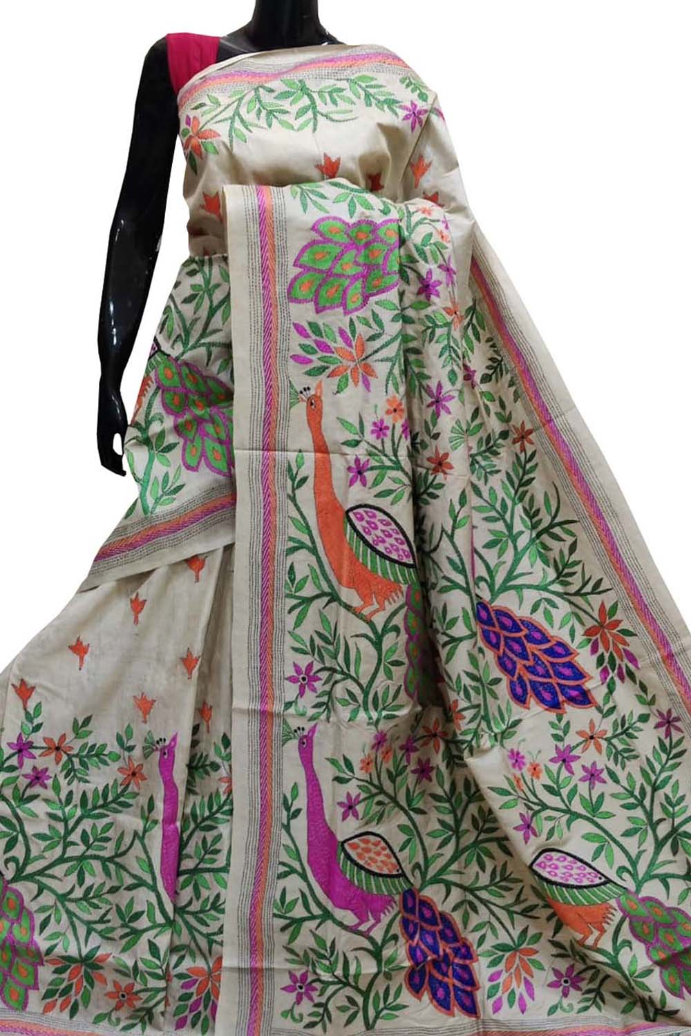 Pastel Kantha Hand Embroidered Pure Gachi Tussar Silk Saree
