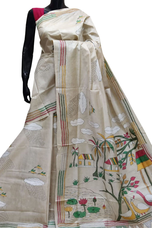 Pastel Kantha Hand Embroidered Pure Gachi Tussar Silk Saree - Luxurion World