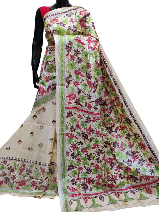 Off White Kantha Hand Embroidered Pure Tussar Silk Saree - Luxurion World