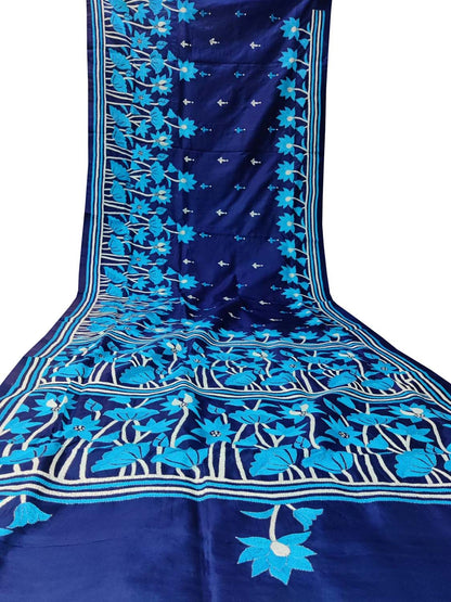 Blue Kantha Work Hand Embroidered Pure Bangalore Silk Saree - Luxurion World