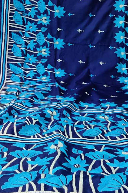 Blue Kantha Work Hand Embroidered Pure Bangalore Silk Saree - Luxurion World