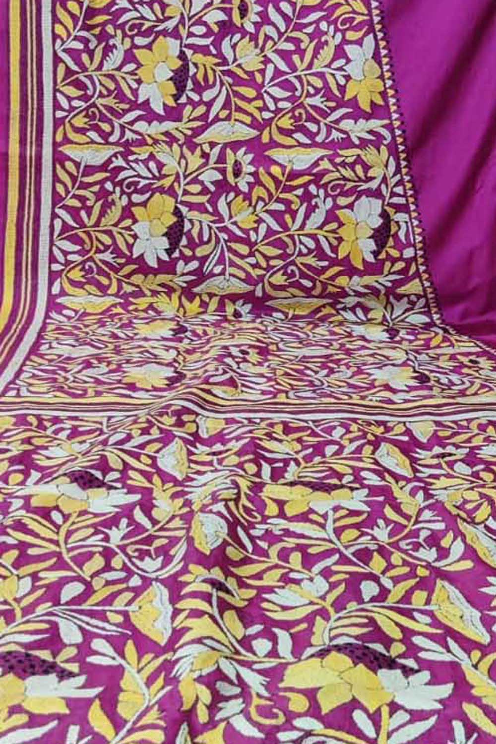 Exquisite Purple Kantha Work Bangalore Silk Saree - Luxurion World