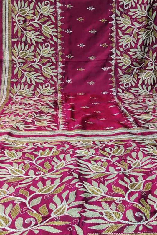 Exquisite Pink Kantha Work Bangalore Silk Saree