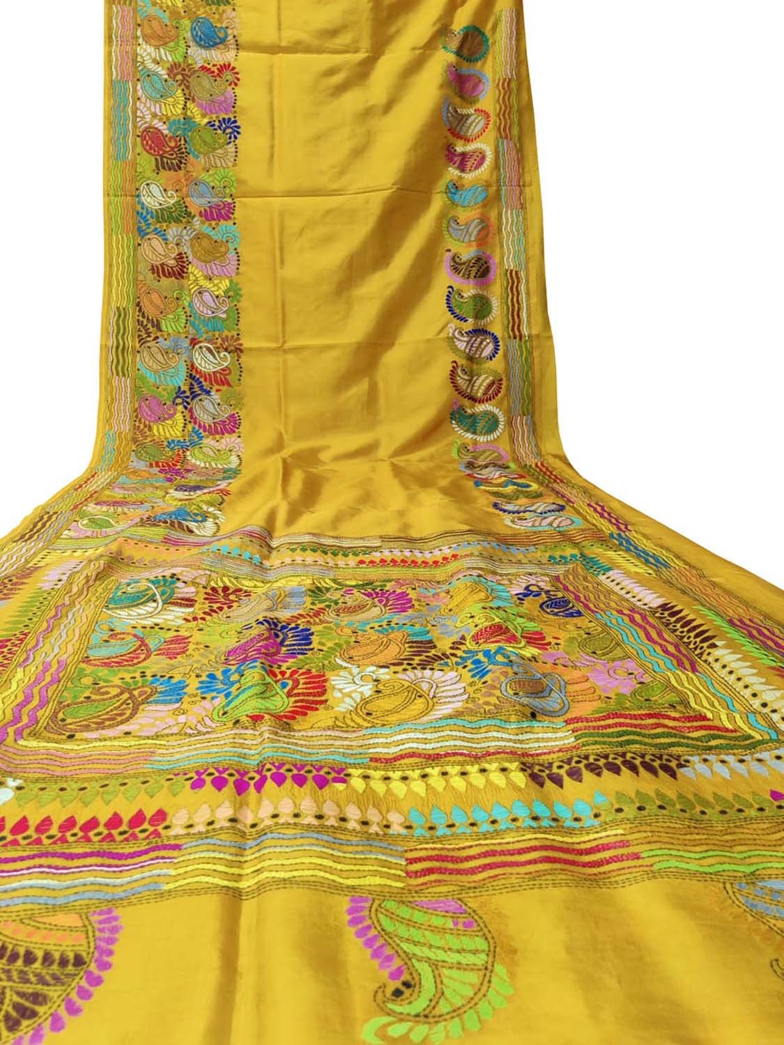 Yellow Kantha Work Bangalore Silk Saree - Luxurion World