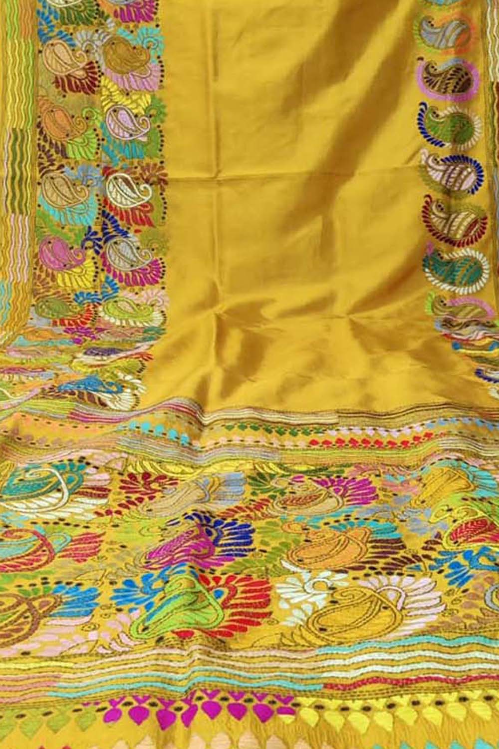Yellow Kantha Work Bangalore Silk Saree - Luxurion World
