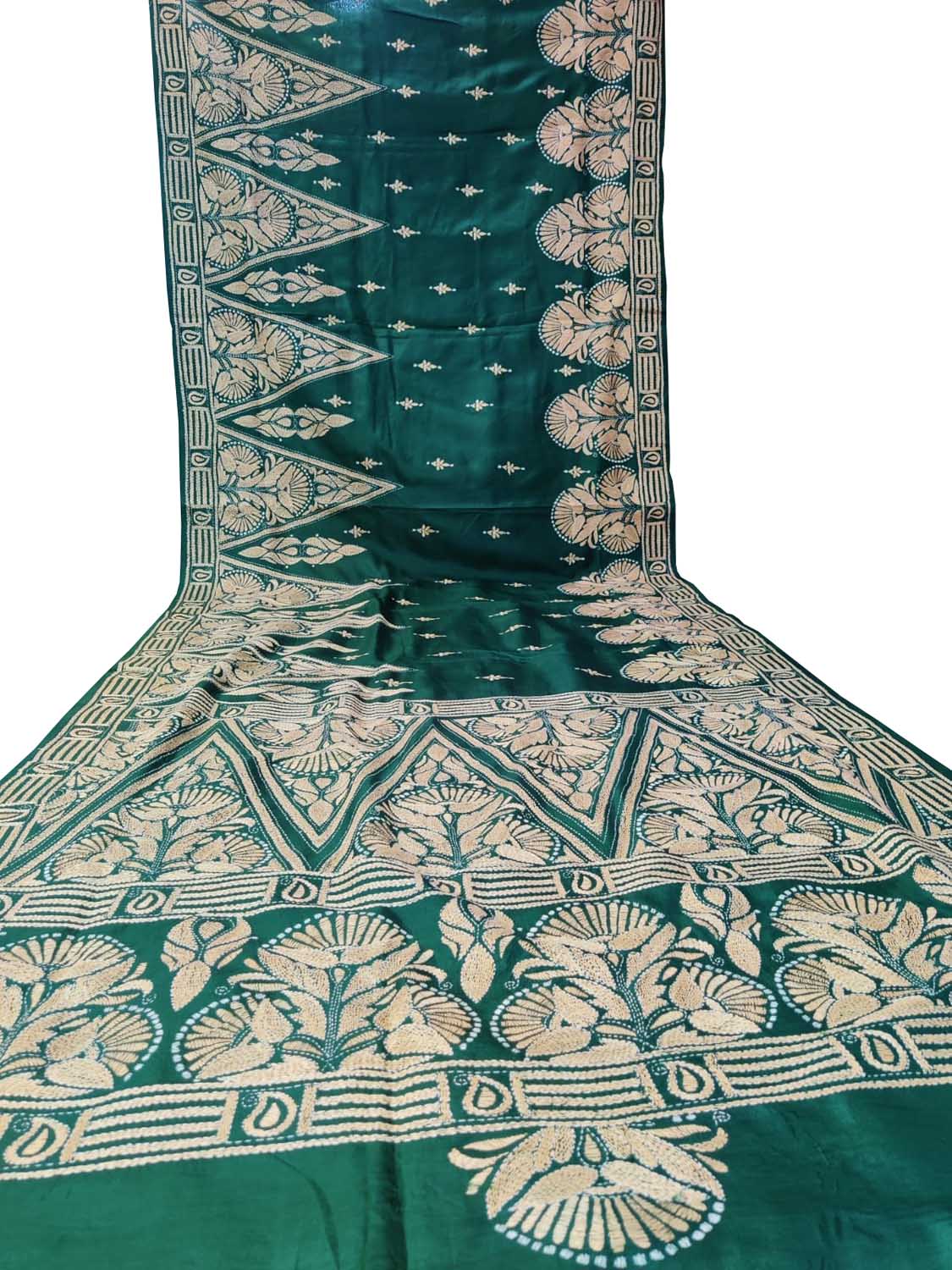 Green Kantha Work Bangalore Silk Saree - Luxurion World
