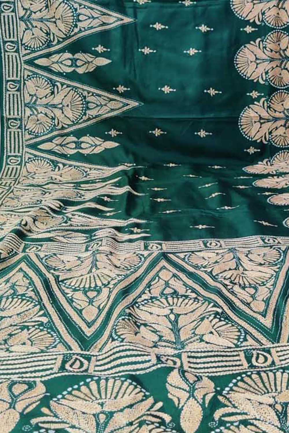 Green Kantha Work Bangalore Silk Saree - Luxurion World