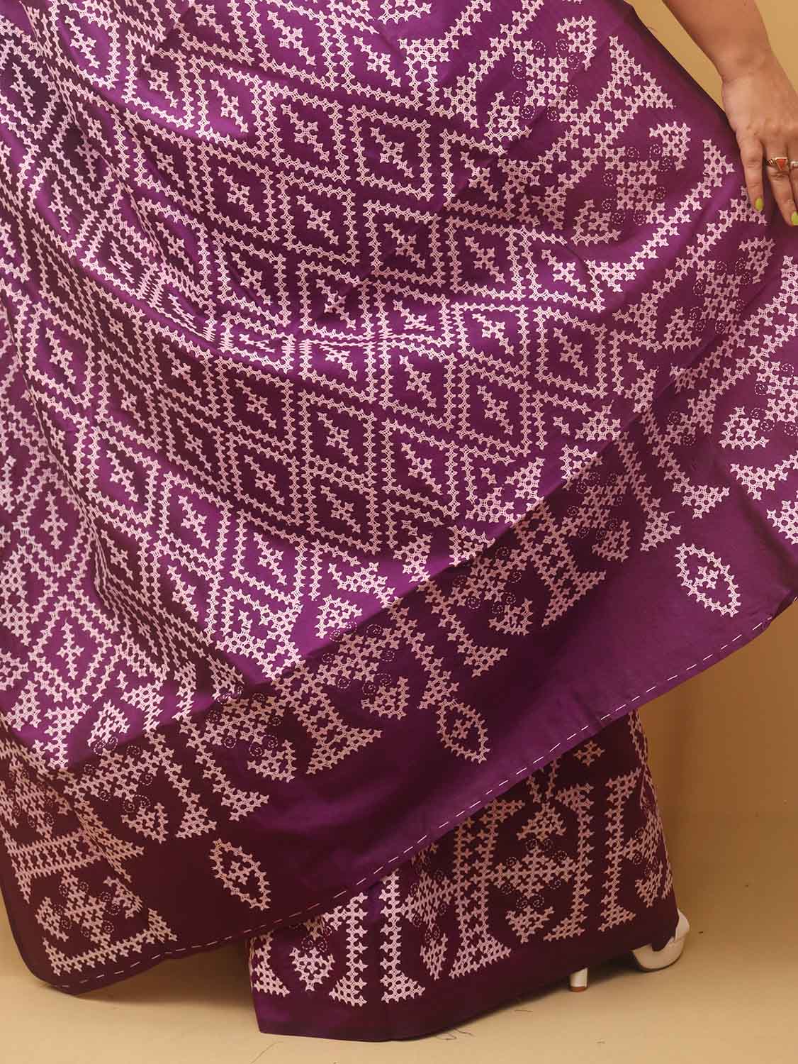 Purple Hand Embroidered Gujarati Kantha Bangalore Silk Saree - Luxurion World