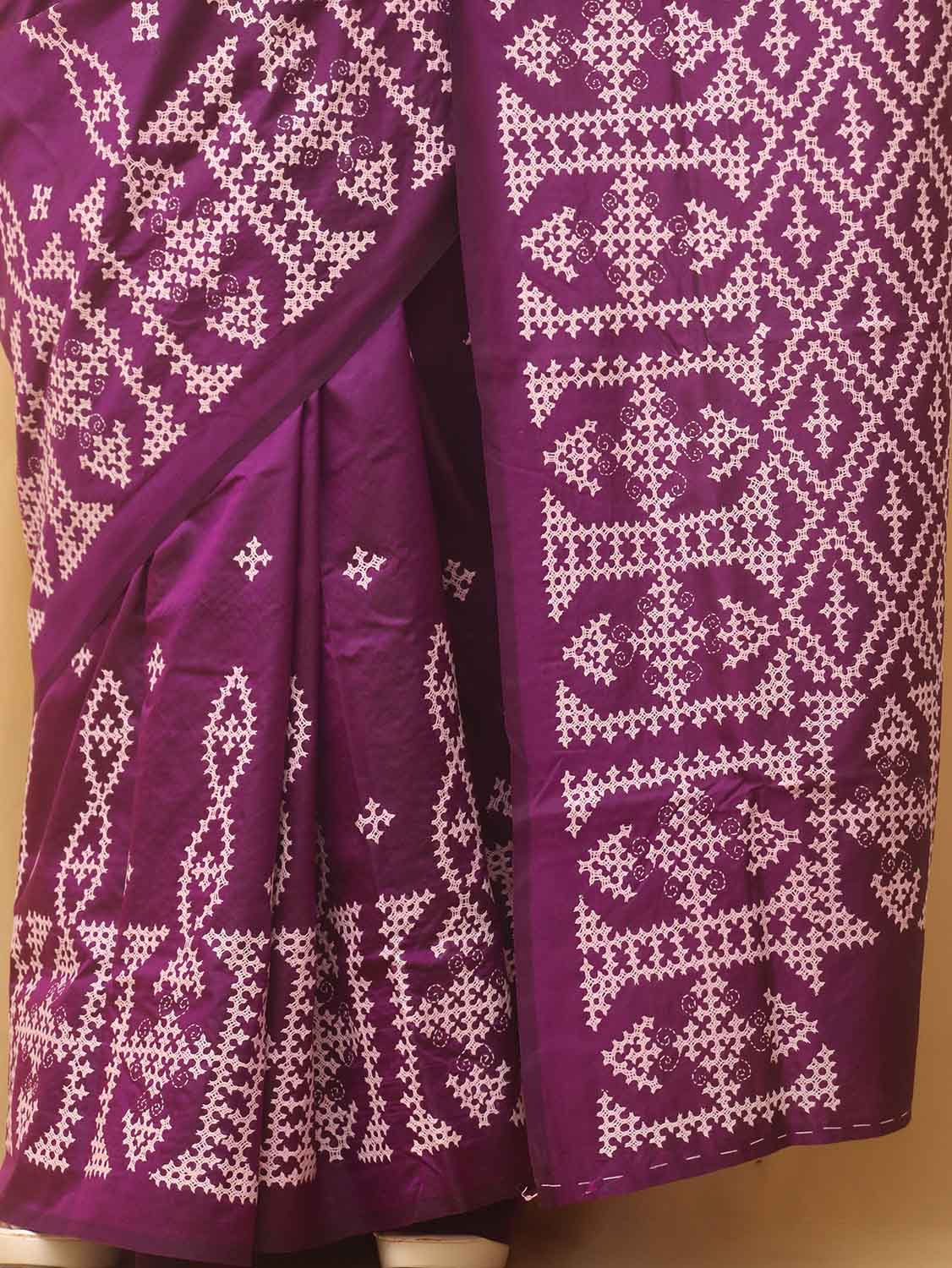 Purple Hand Embroidered Gujarati Kantha Bangalore Silk Saree - Luxurion World