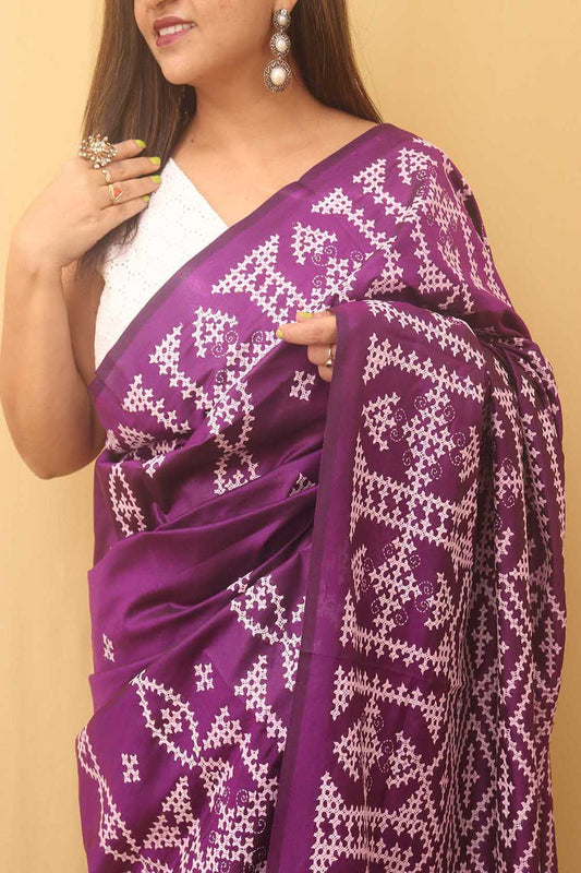Purple Hand Embroidered Gujarati Kantha Bangalore Silk Saree - Luxurion World