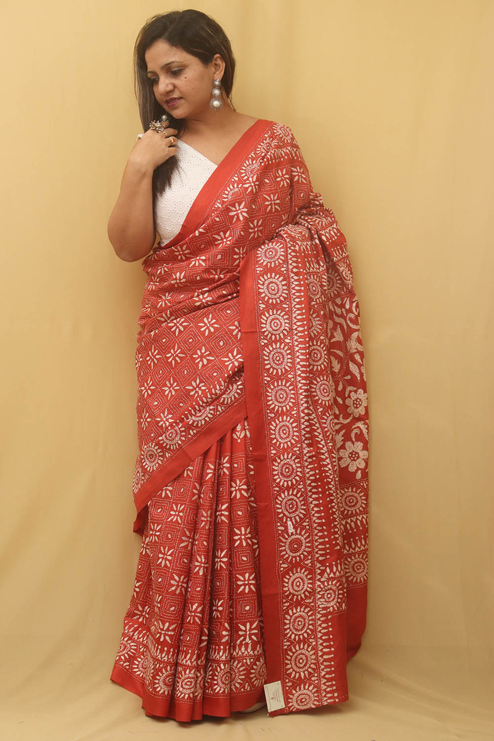 Orange Embroidered Kantha Pure Banglore Silk Saree - Luxurion World