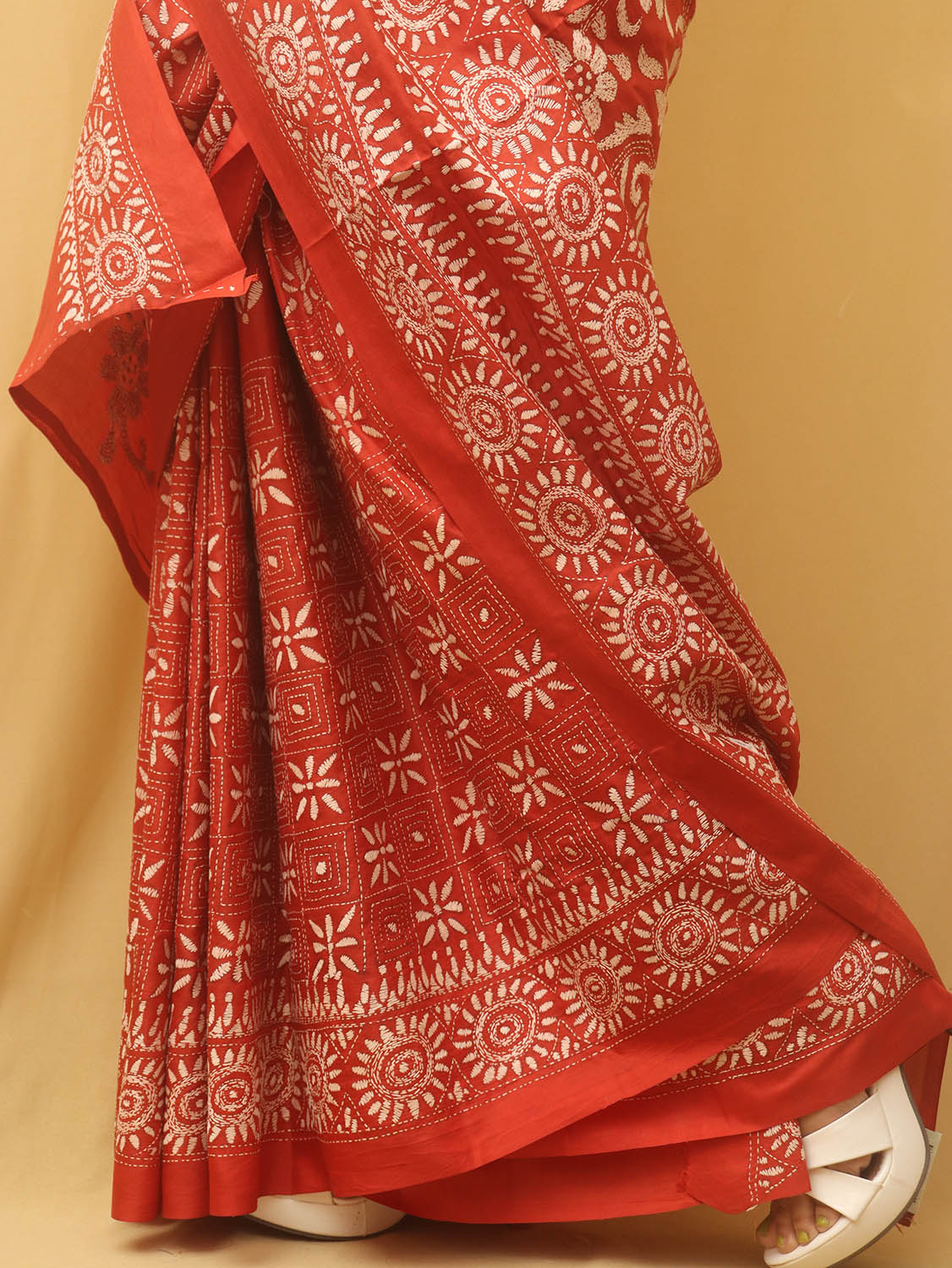 Orange Embroidered Kantha Pure Banglore Silk Saree - Luxurion World